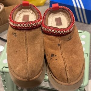 UGG Tan Slippers with Red Trim